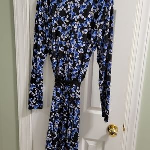 White House Black Market XL faux wrap dress, blue floral on black, jersey knit